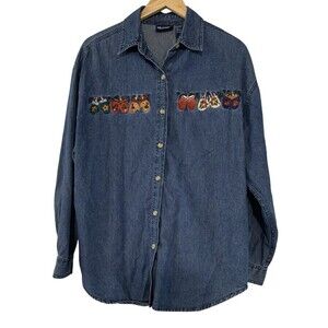 Solutions Blue Embroidered Button Up Christmas Mittens Denim Chambray Shirt XL